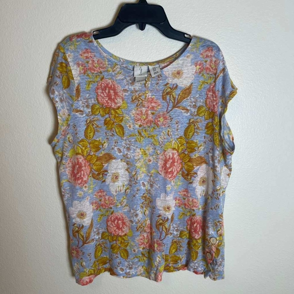 Joie Womens Medium Blue‎ Floral 100% Linen Short Sleeve Side Button Top 2896